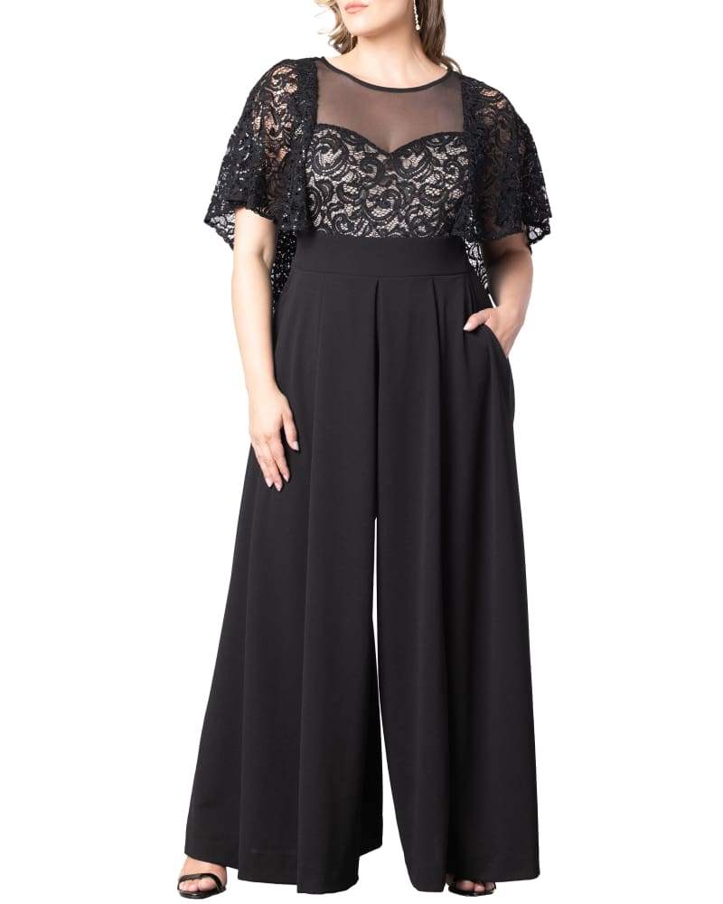 Front of a model wearing a size 4X Alluring Sequins Formal Jumpsuit in BLACK NOIR by Kiyonna. | dia_product_style_image_id:303130